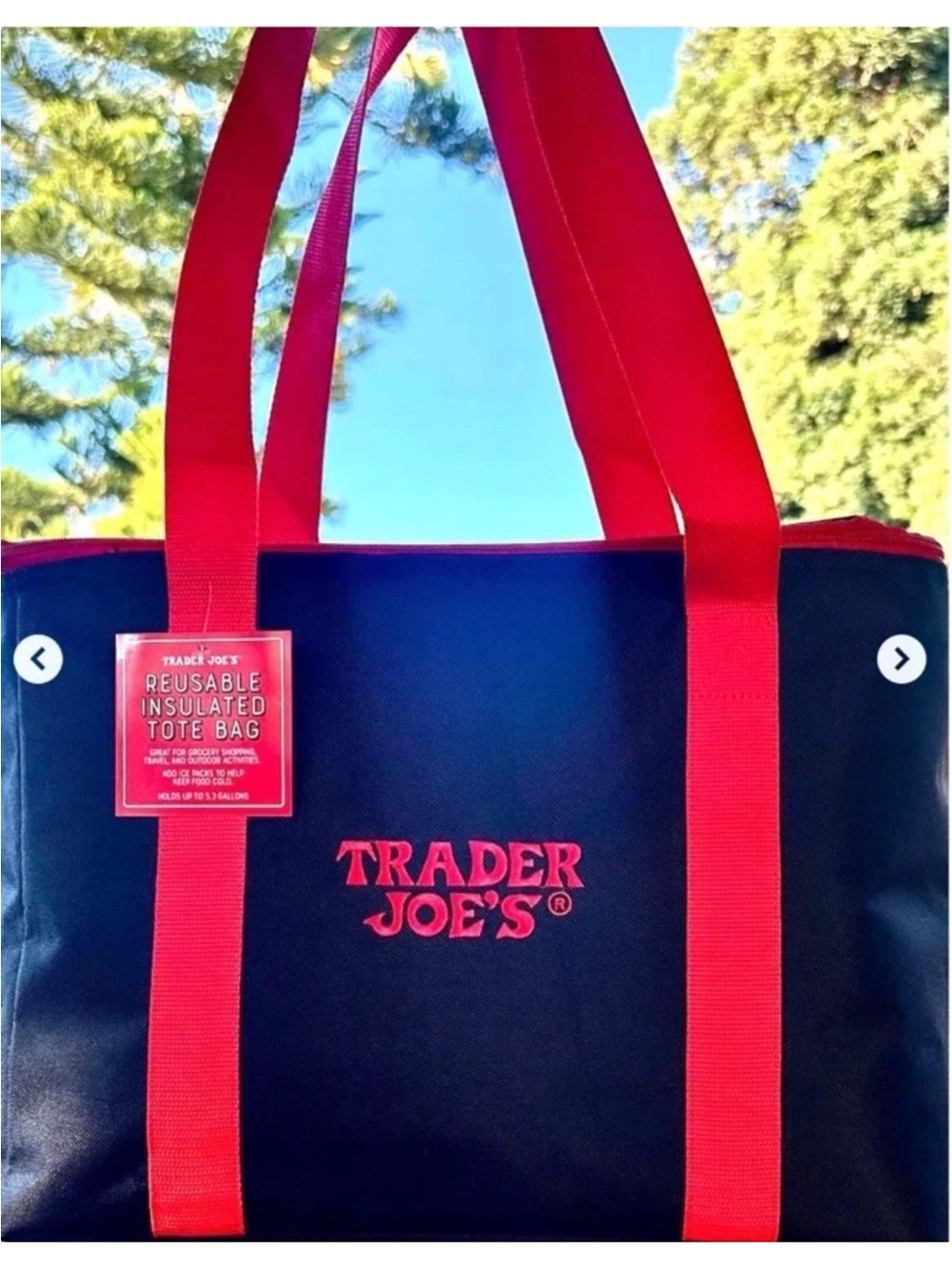 NWT, 2026 Trader Joe's Reusable Insulated Tote Bag in Black w Red handles & logo